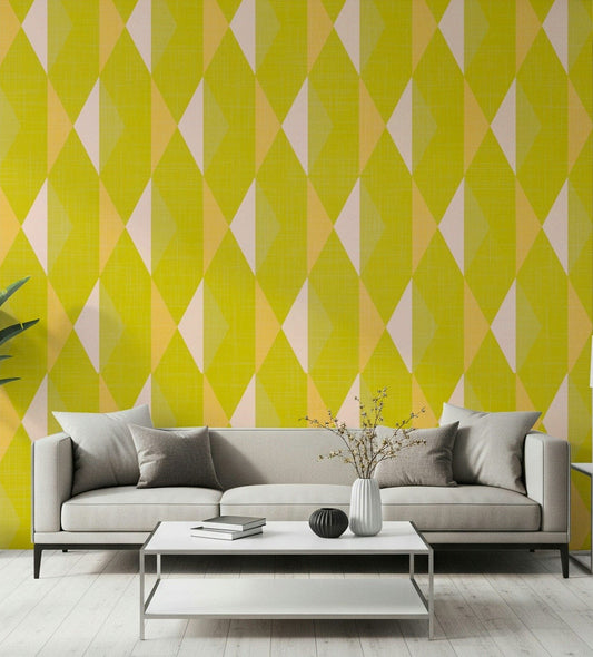 Living space energized by lemon geometric wall mural with layered diamond shapes