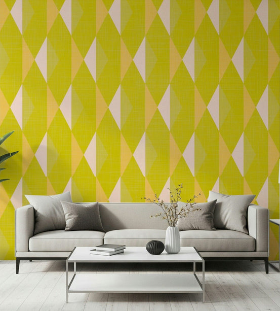 Living space energized by lemon geometric wall mural with layered diamond shapes, GD7070
