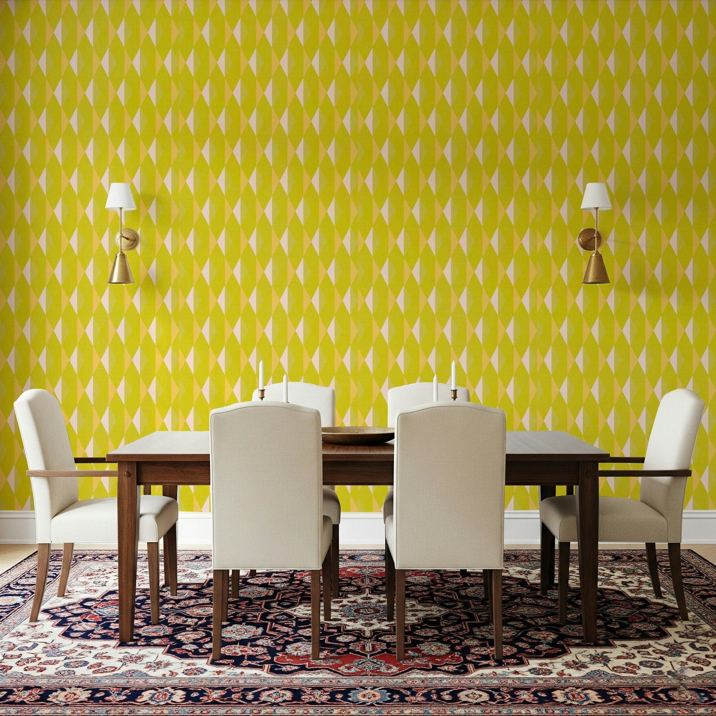 Lemon Rhombus vintage wallpaper for walls, geometric lime design.