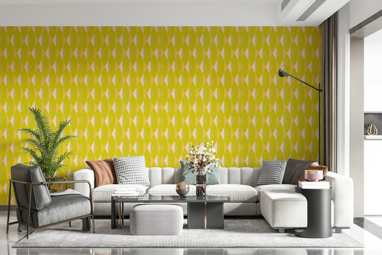 Lemon Rhombus energetic wallcovering, kaleidoscopic retro mustard tint.