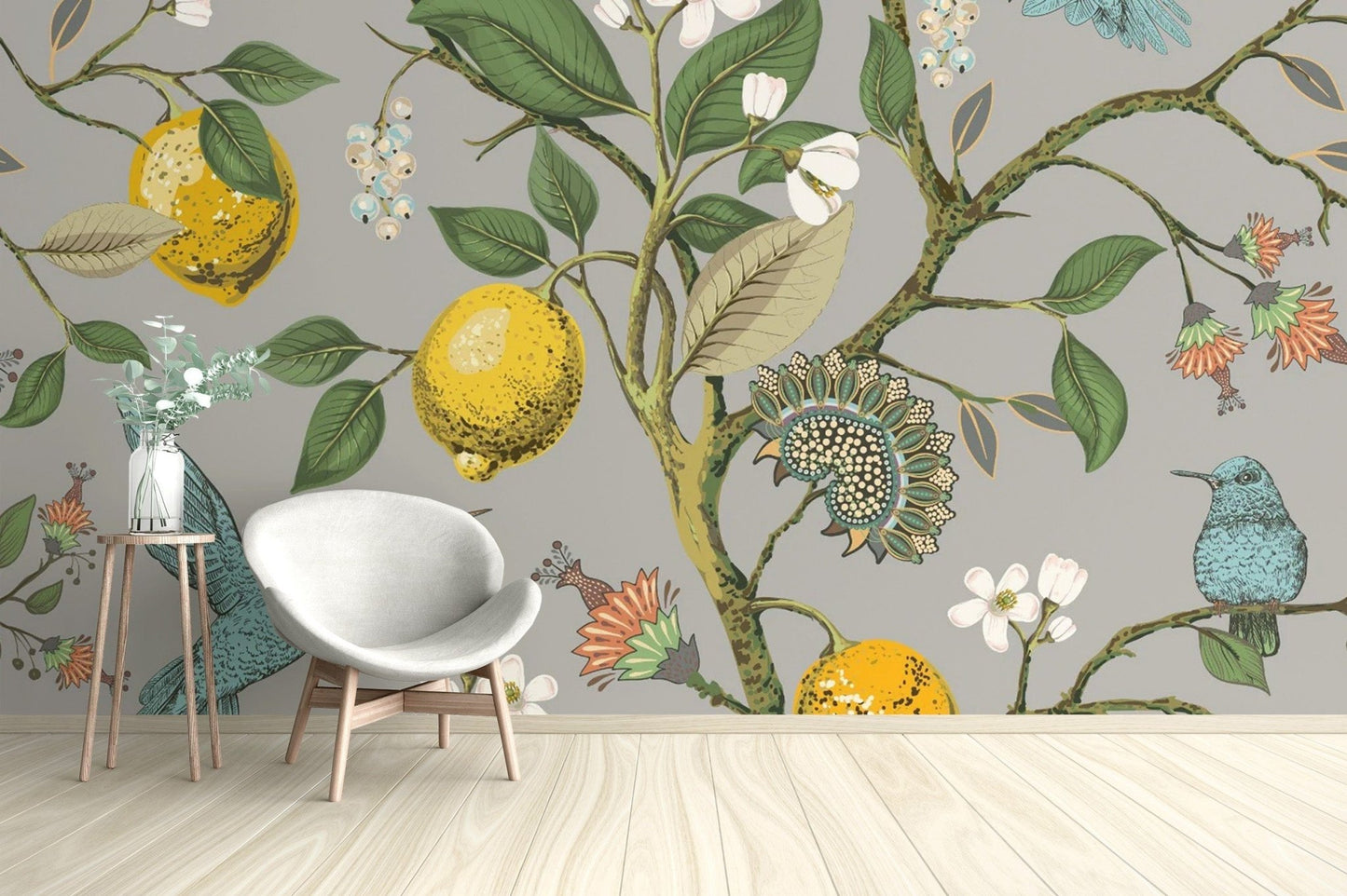 Wallpaper mural with birds and lemon tree