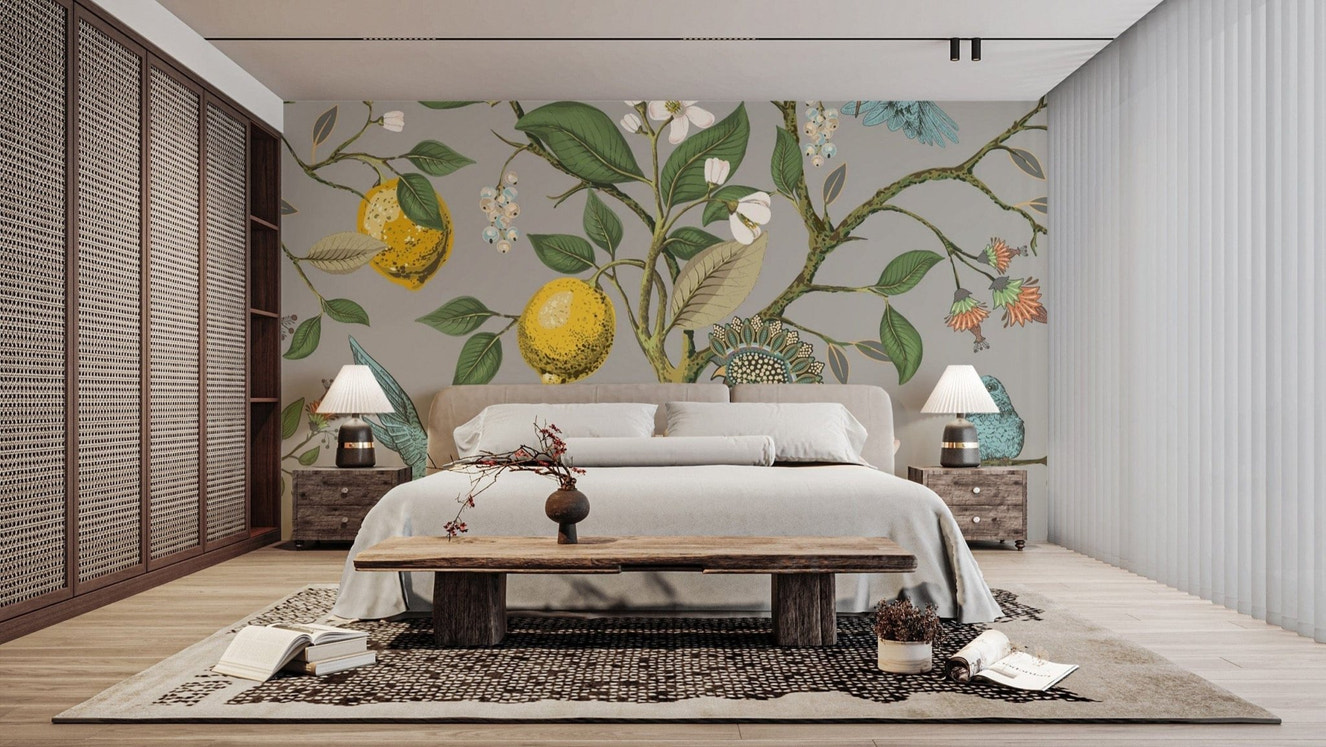 Birds and lemon tree wall mural for decor

