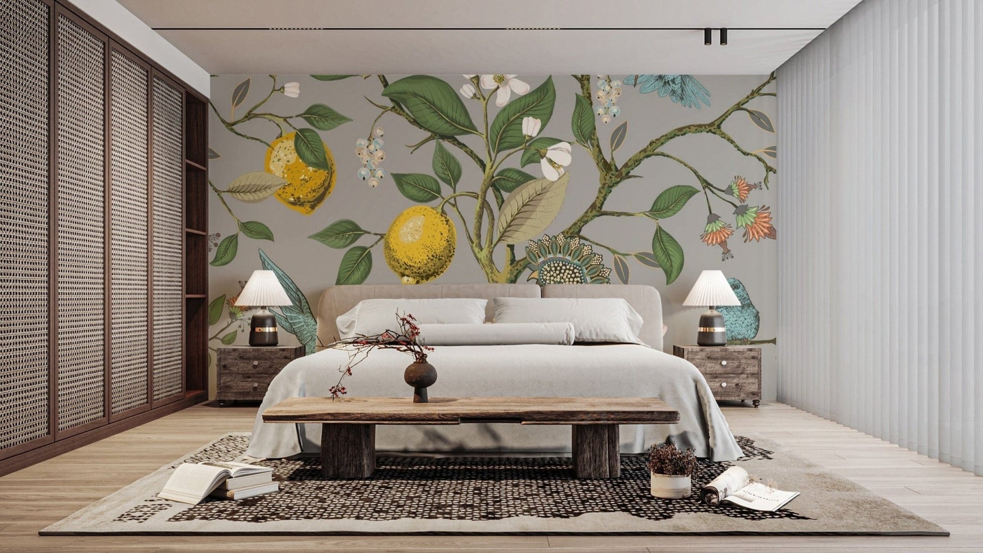Birds and lemon tree wall mural for decor
