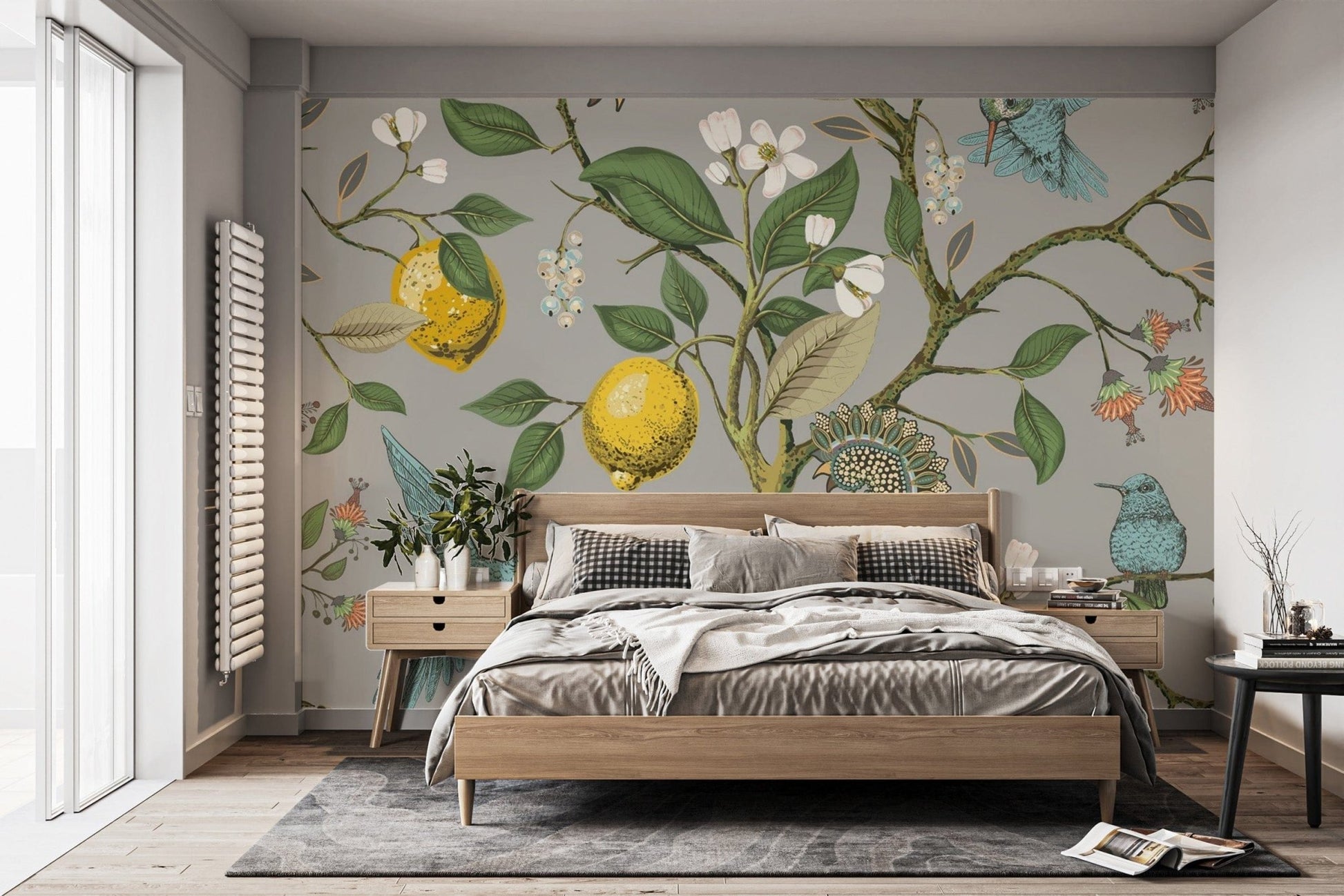 Lemon tree wallpaper mural with bird accents
