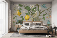 Lemon tree wallpaper mural with bird accents
