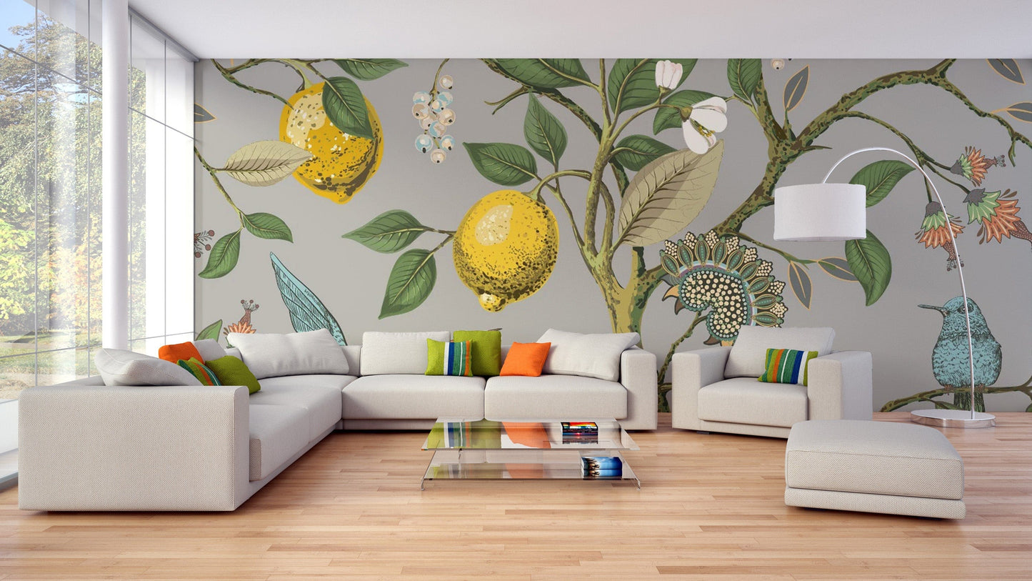 Birds and lemon tree mural wallpaper design
