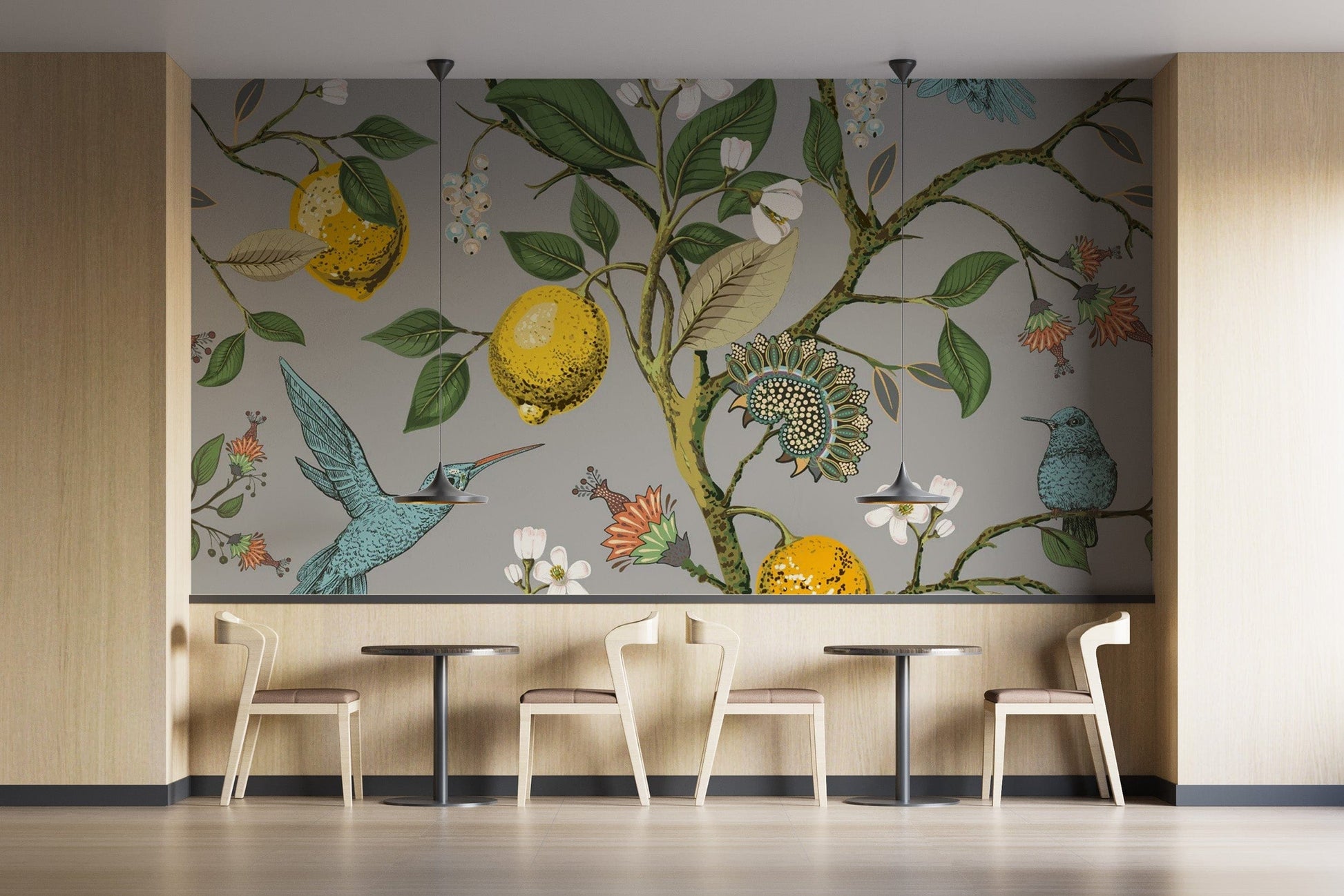 Lemon tree mural with birds for wall decor