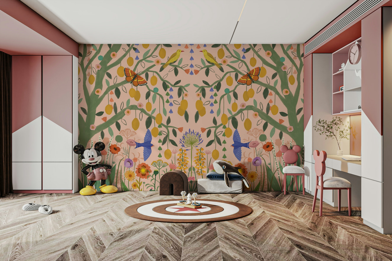 Vibrant lemon tree wall mural for fresh interiors.

