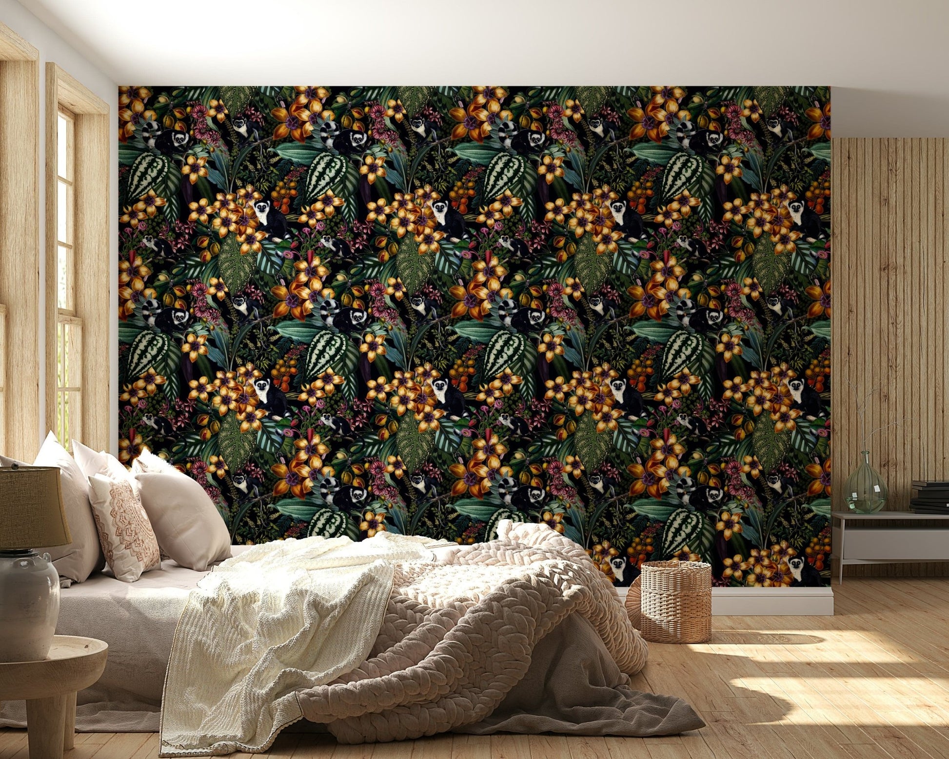Artistic wildlife wallpaper with bright emerald leaves and sunlit spots.