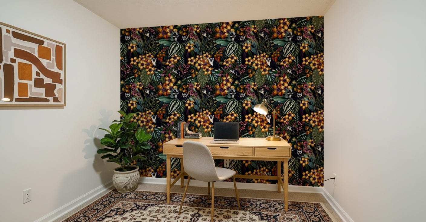 High resolution wall mural of a tropical paradise with exotic animals.