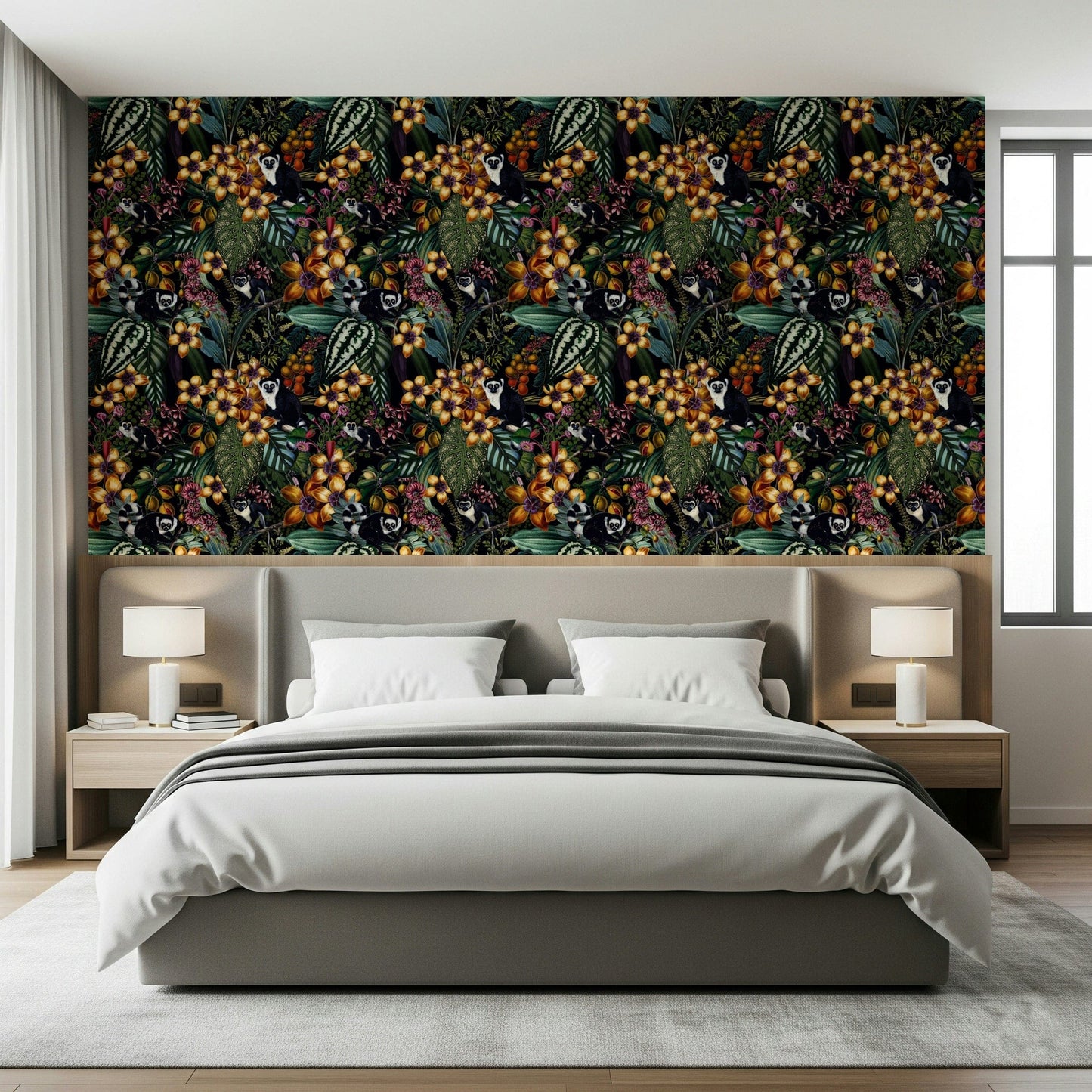 Lush green landscape wall mural with pops of tropical flower colours.