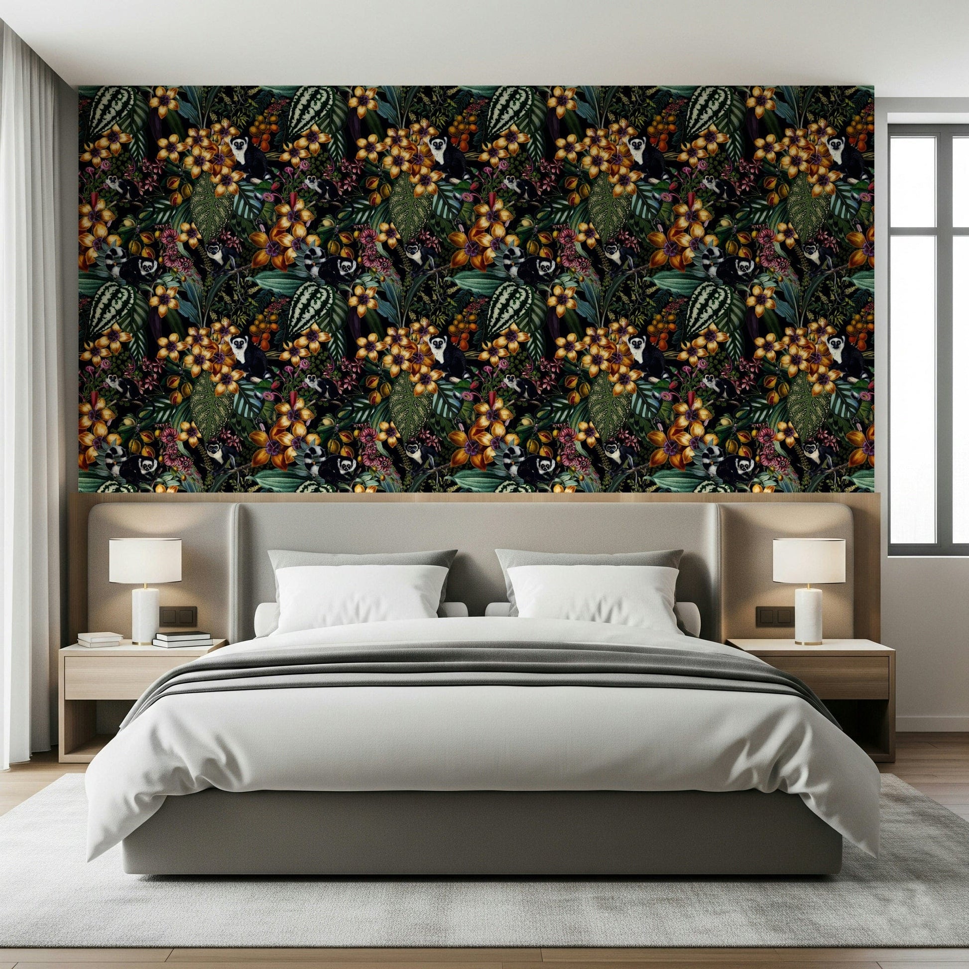 Lush green landscape wall mural with pops of tropical flower colours.