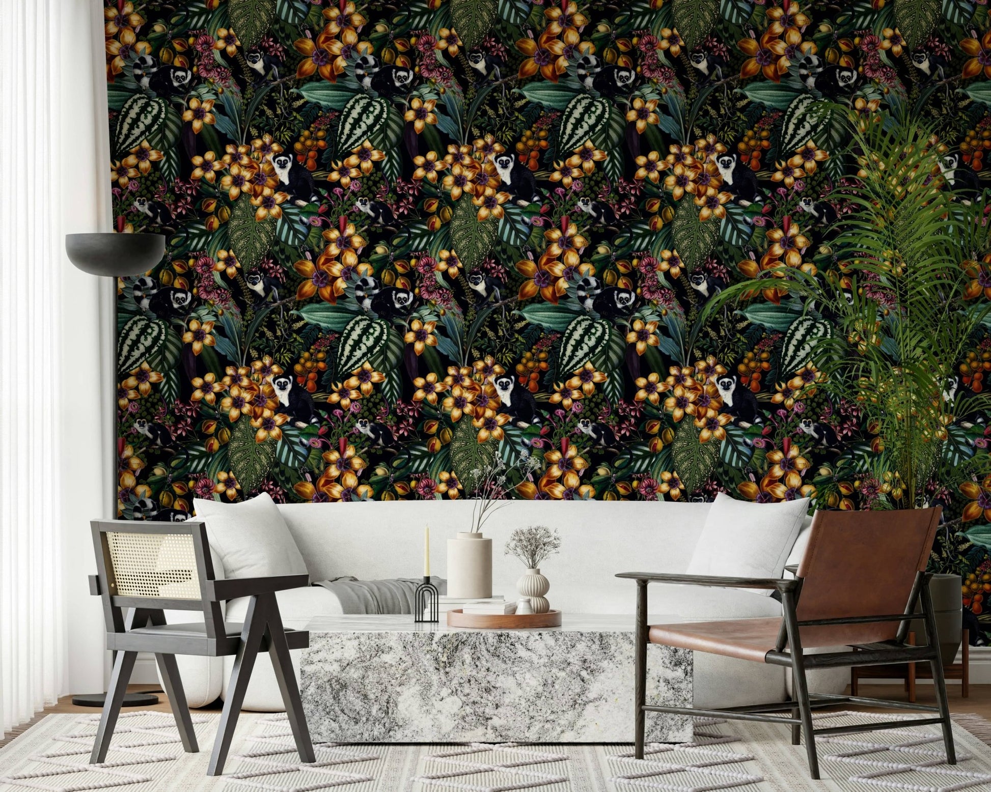 Nature themed wallpaper capturing a curious lemur in a dense thicket.