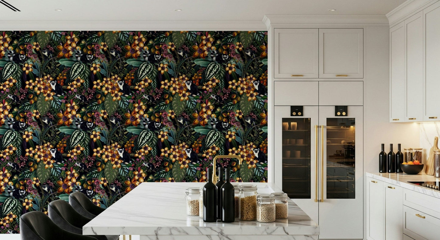 Lemur's Secret Garden wall mural with playful primates and tropical ferns.