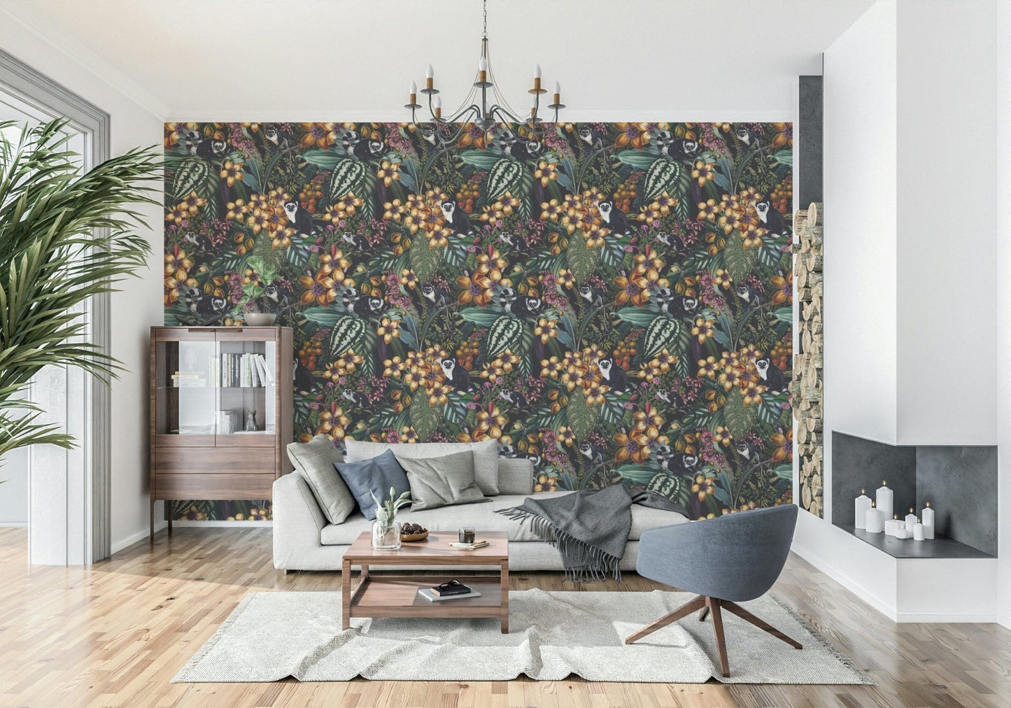 Botanical garden wall mural with vibrant jungle plants and grey lemurs.