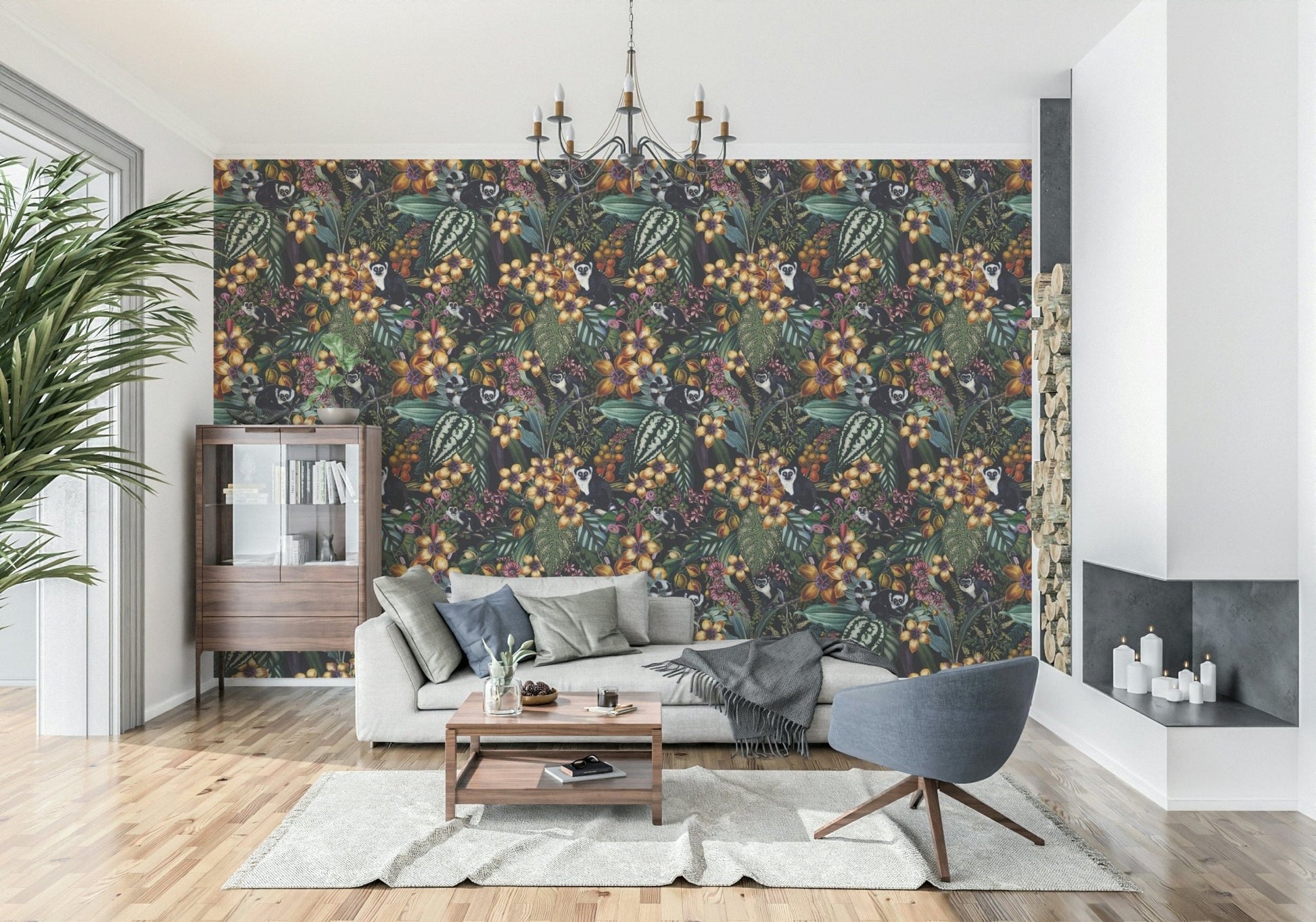 Botanical garden wall mural with vibrant jungle plants and grey lemurs.