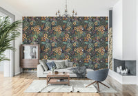 Botanical garden wall mural with vibrant jungle plants and grey lemurs.