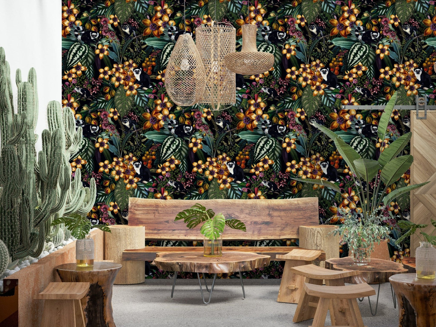Tropical forest wallpaper illustrating a hidden wildlife sanctuary scene.