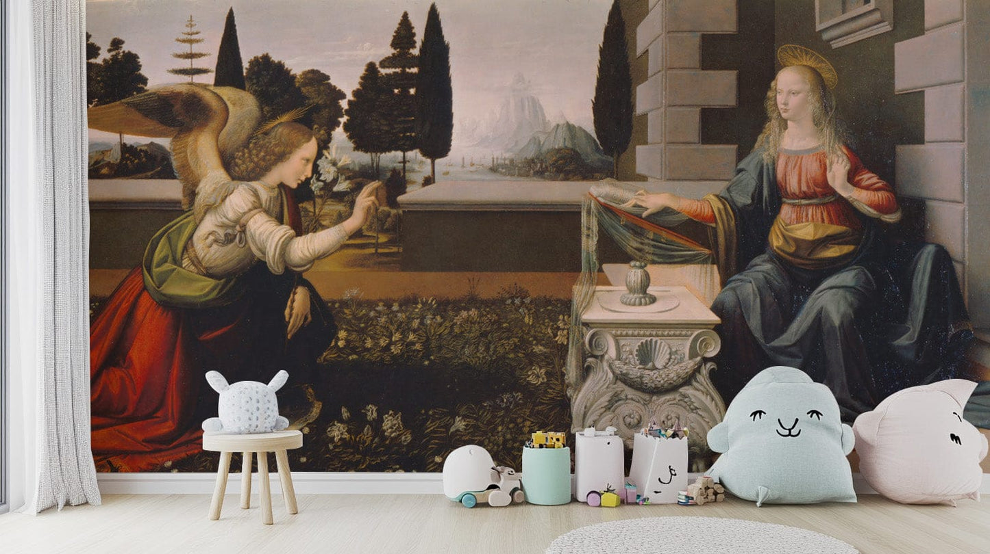 Artistic Annunciation mural inspired by Leonardo's masterpiece. B637
