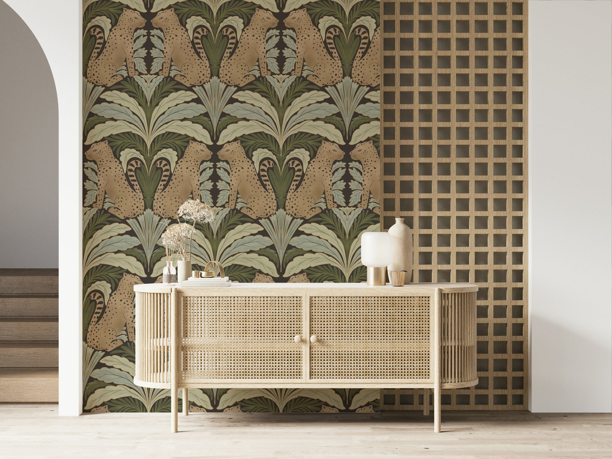 Mirrored nature wallpaper with leopards and vibrant tropical leaves.