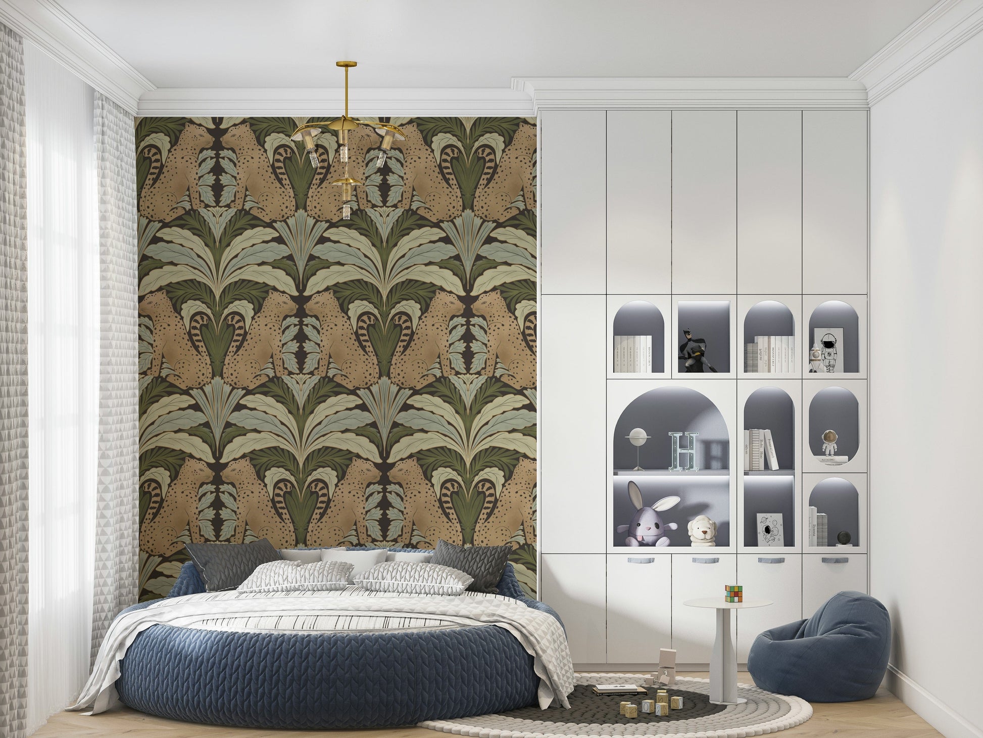 Intricate botanical wall mural featuring predators and jungle flora.