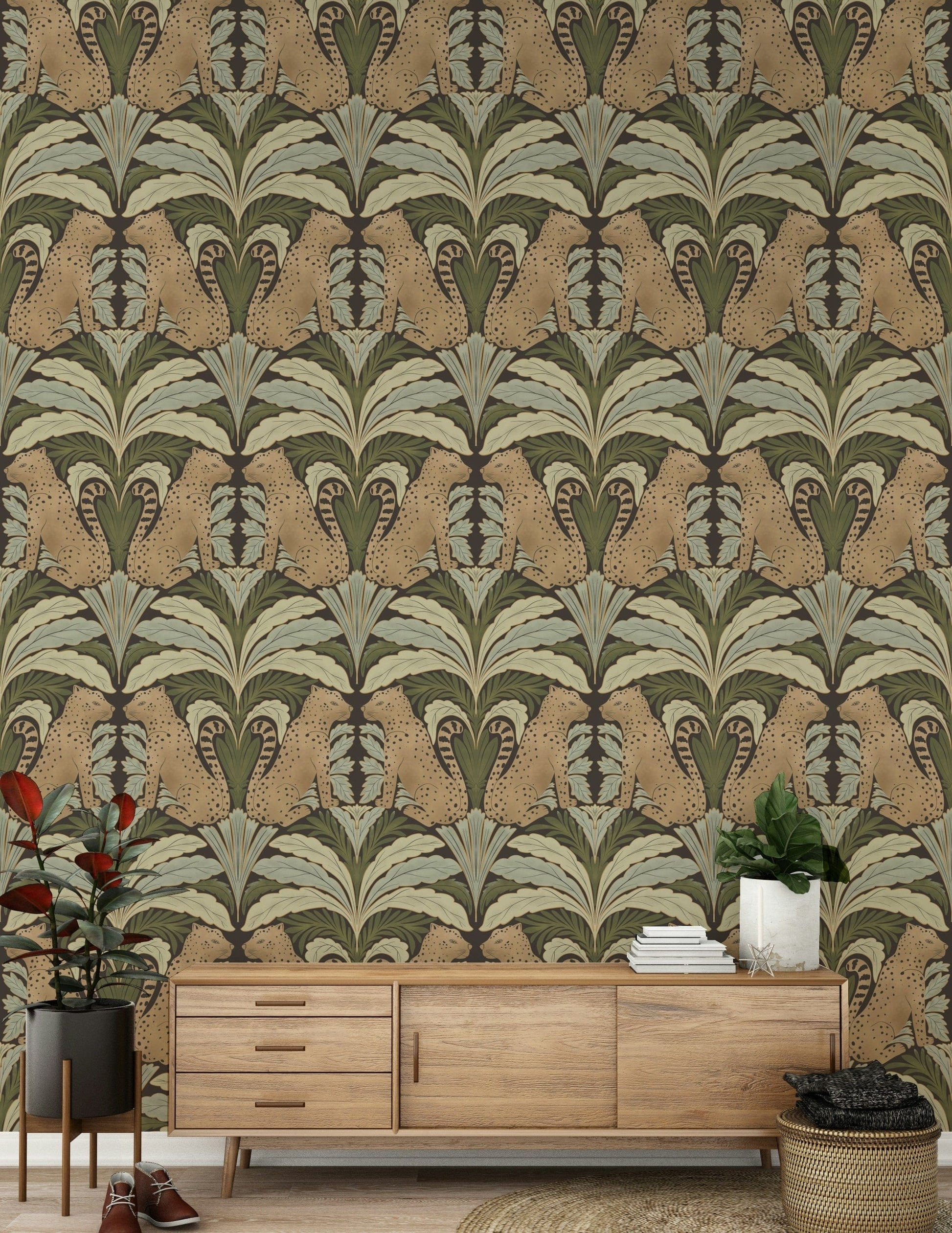 Detailed Leopard's Lair: Botanical Symmetry Wallpaper in dark forest tones.