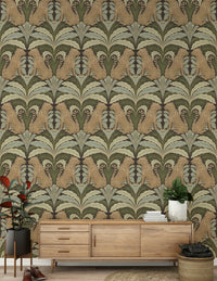 Detailed Leopard's Lair: Botanical Symmetry Wallpaper in dark forest tones.