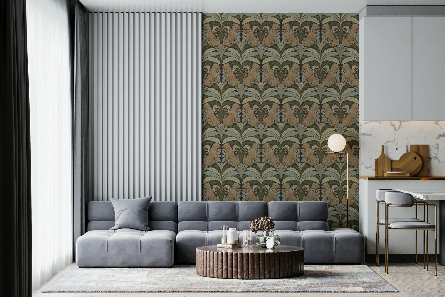Tropical foliage wallpaper featuring leopards and exotic floral patterns.