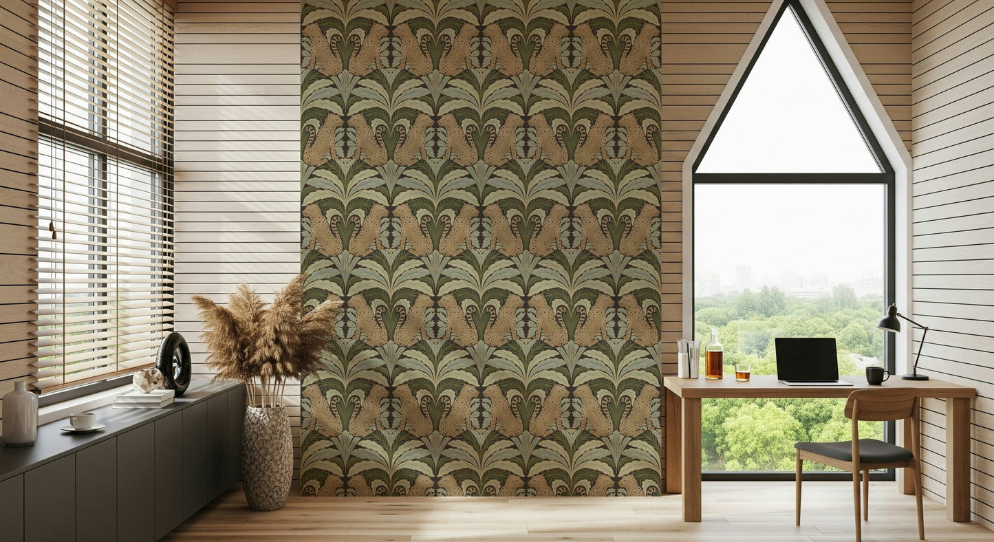 Exotic animal wallpaper showcasing leopards amidst balanced botanical art.