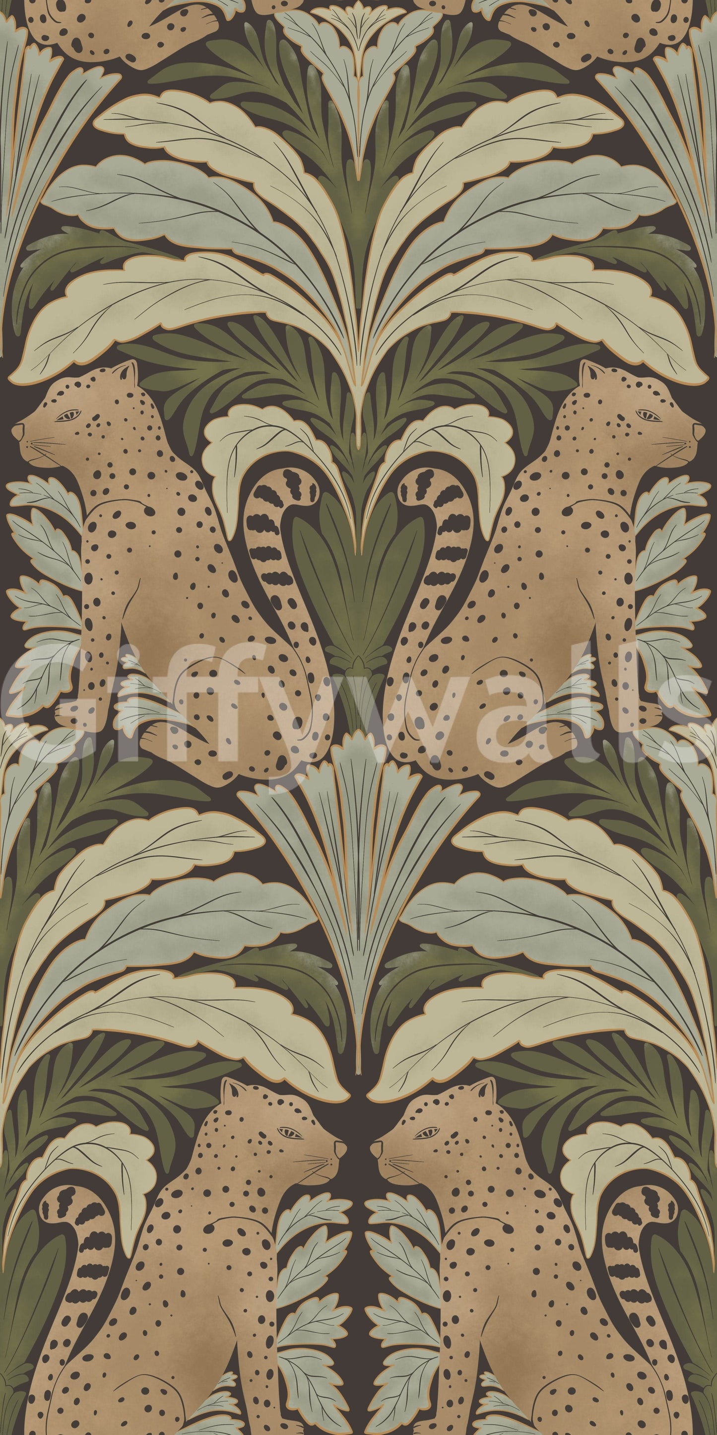 Contemporary leopard wallpaper with a unique symmetrical leaf design.