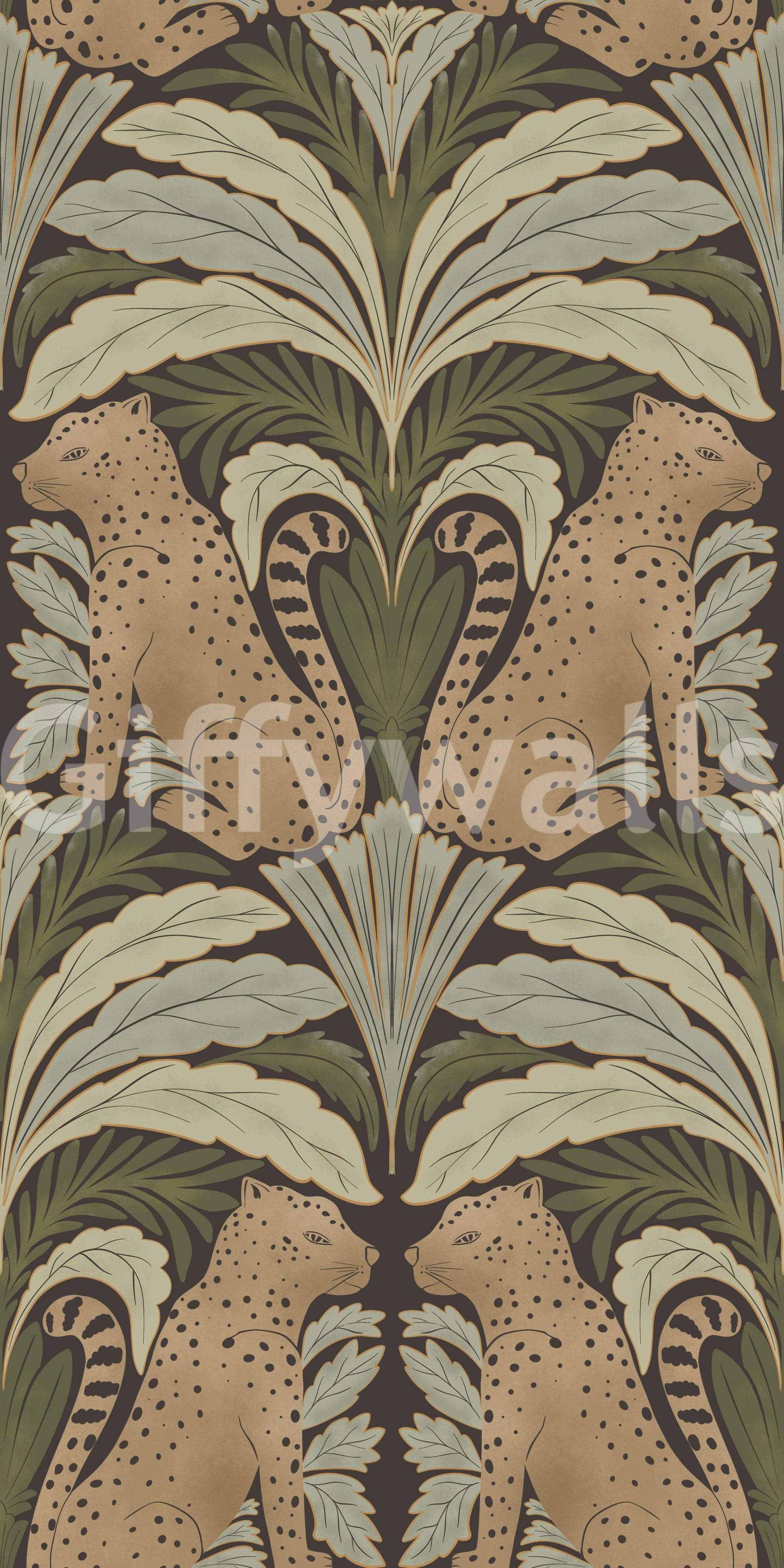 Contemporary leopard wallpaper with a unique symmetrical leaf design.