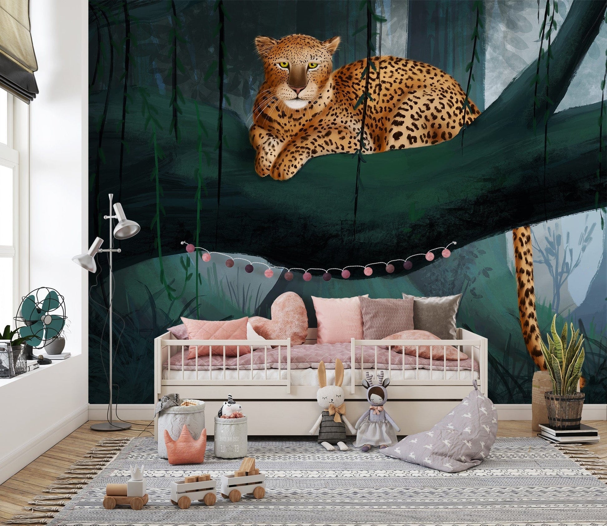 Artistic jungle wallpaper featuring a resting leopard