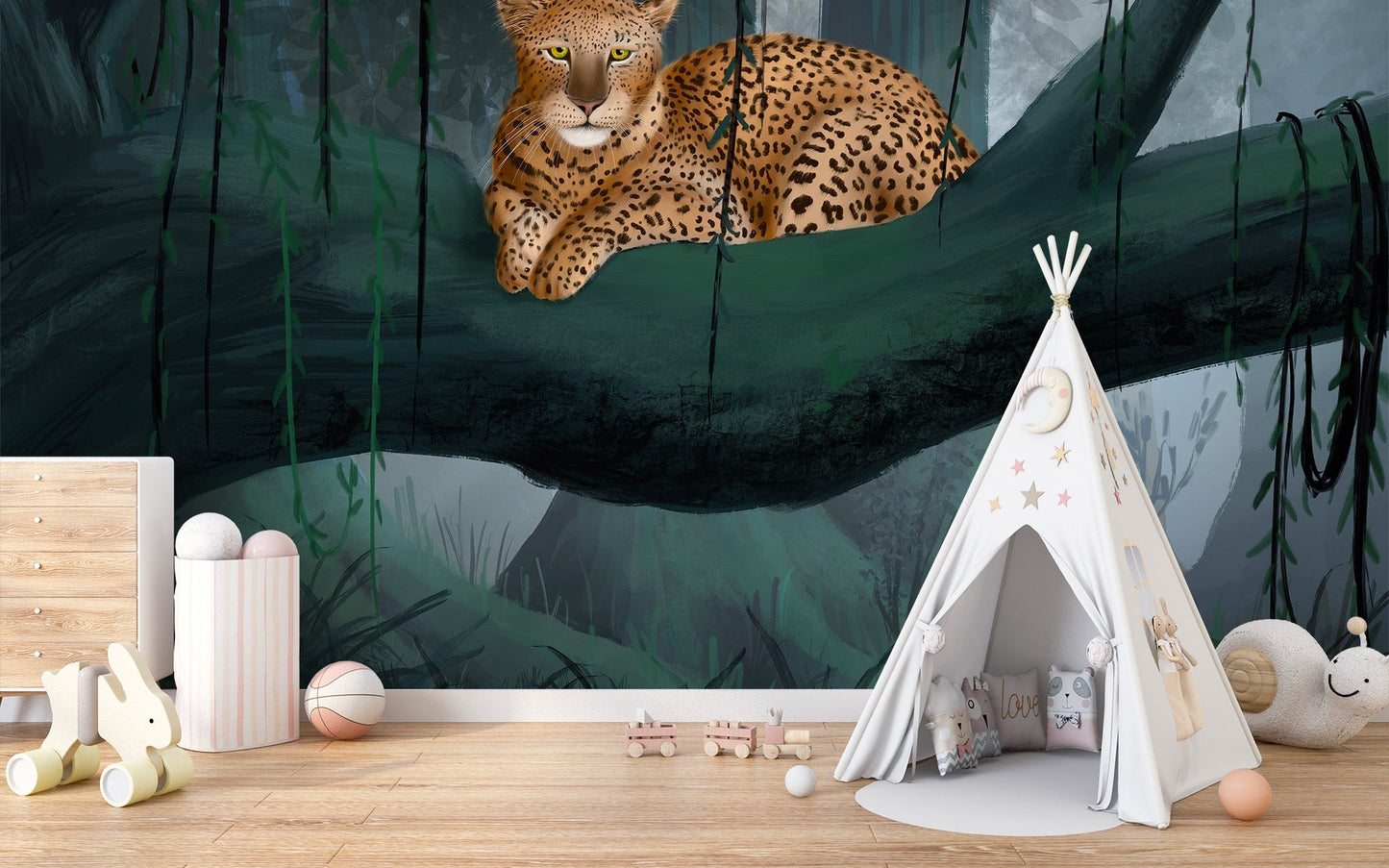 Wildlife-inspired mural with leopard and jungle