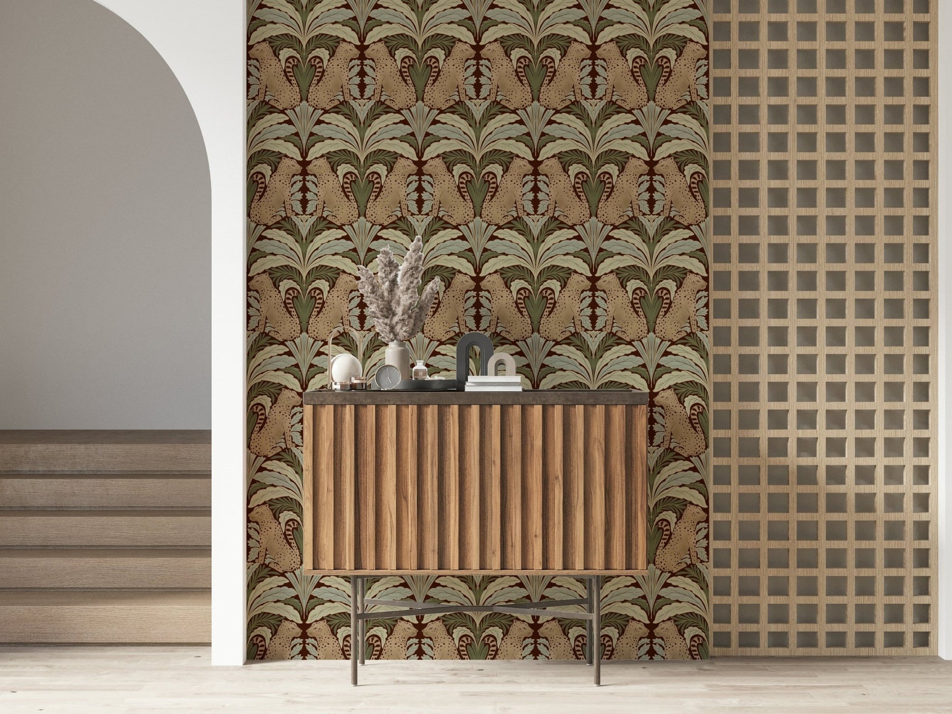 Detailed Leopard's Eden: A Botanical Sanctuary Wallpaper in deep forest green.