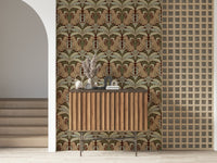 Detailed Leopard's Eden: A Botanical Sanctuary Wallpaper in deep forest green.