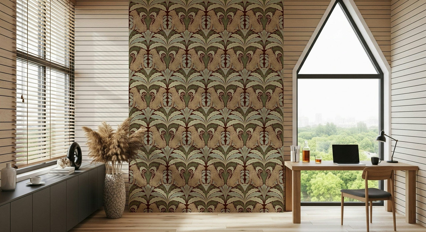Natural rainforest wallpaper with leopards and exotic floral patterns.