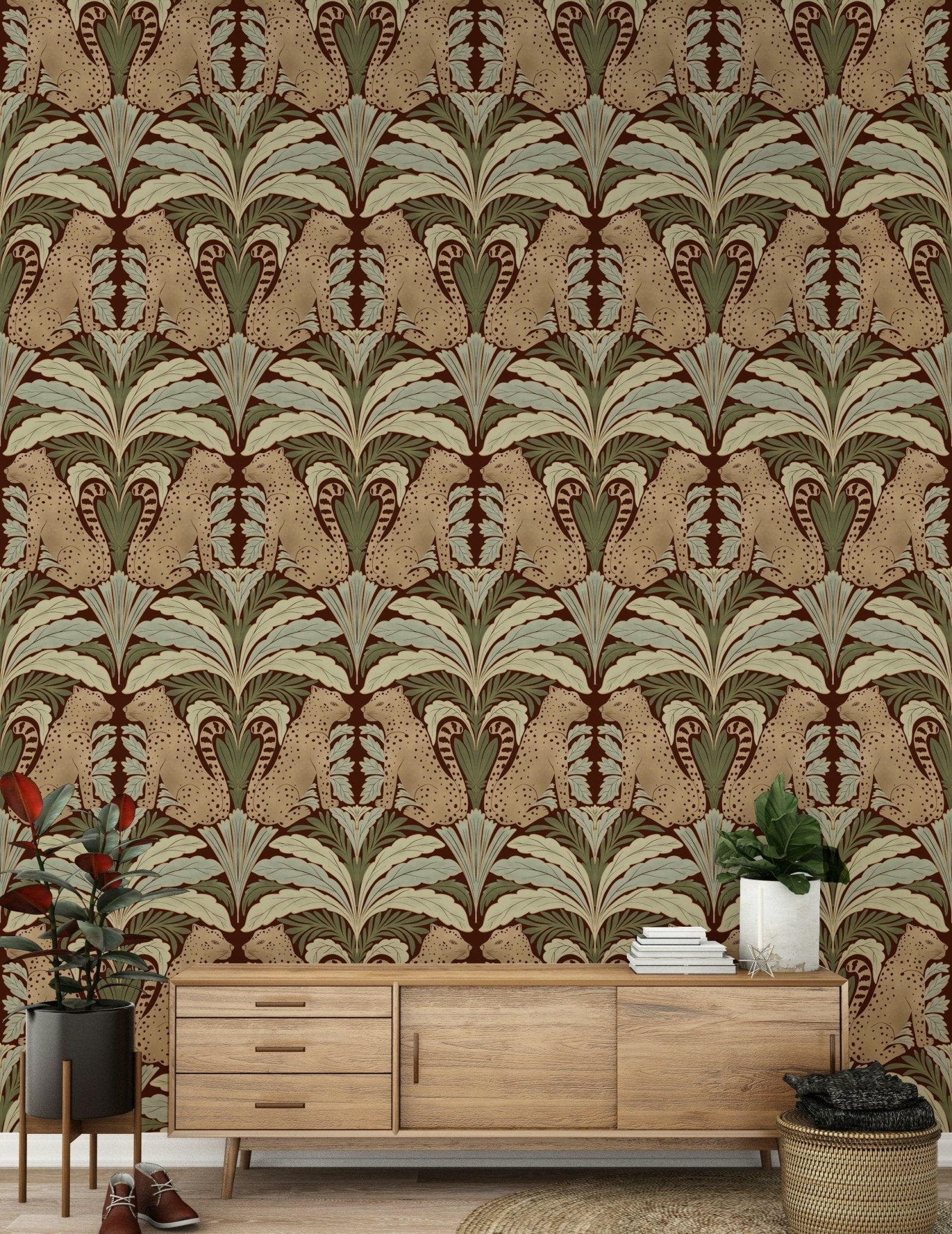 Elegant botanical wall mural with a sophisticated jungle colour palette.