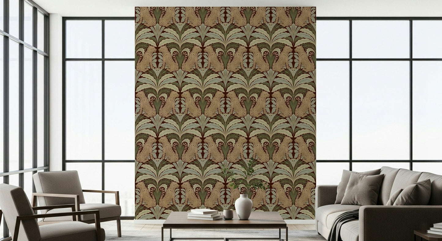 Intricate nature wall mural featuring wild animals and tropical flora.