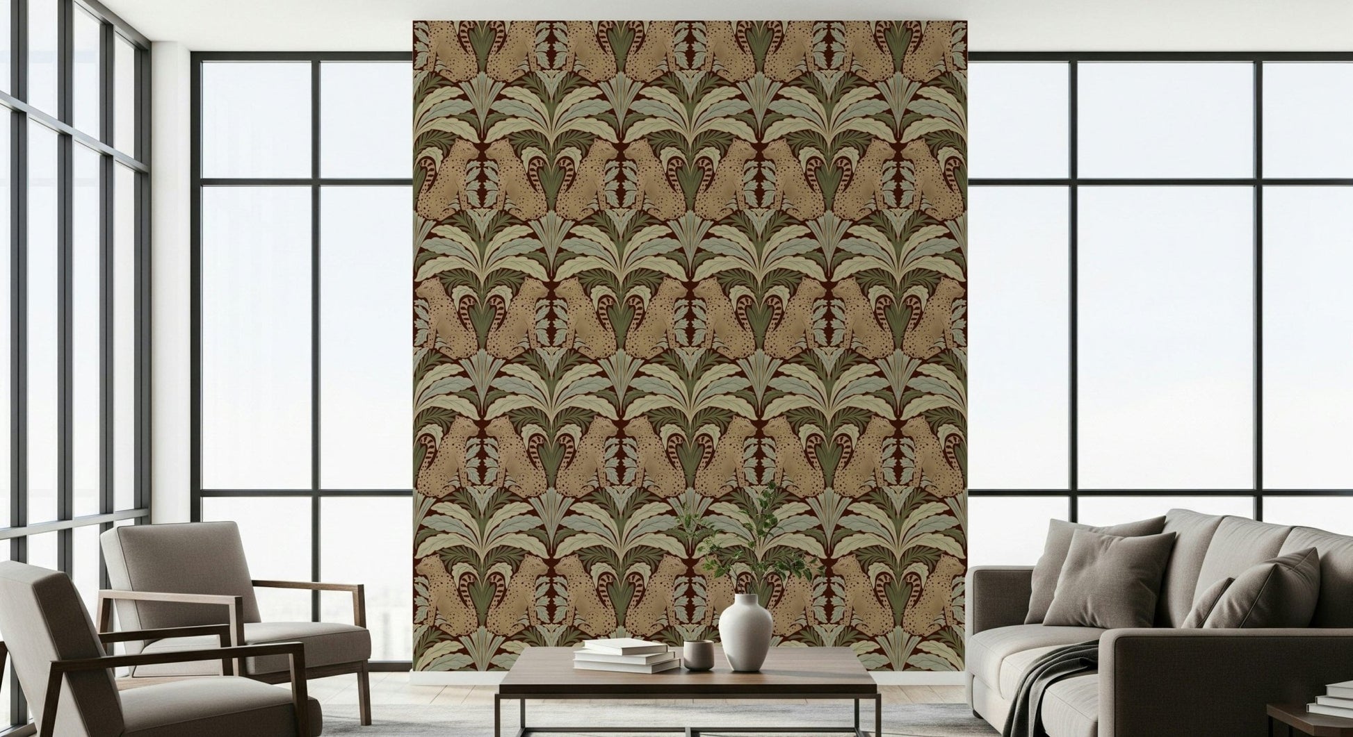 Intricate nature wall mural featuring wild animals and tropical flora.