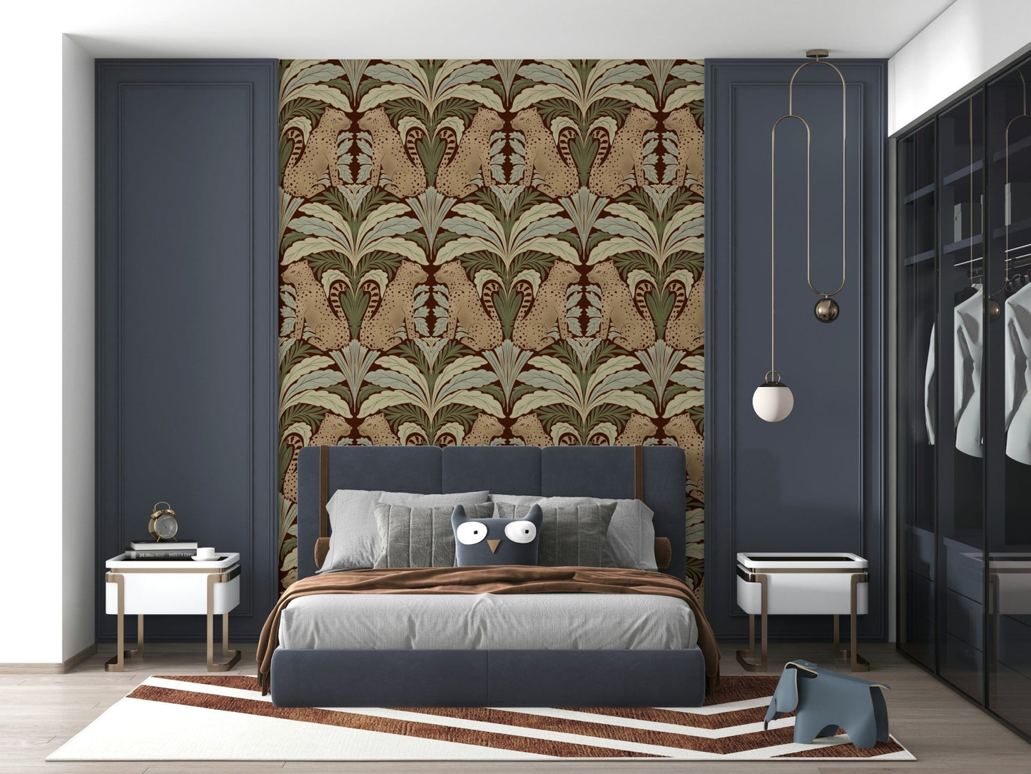 Tropical flora wallpaper featuring leopards and lush green palm leaves.