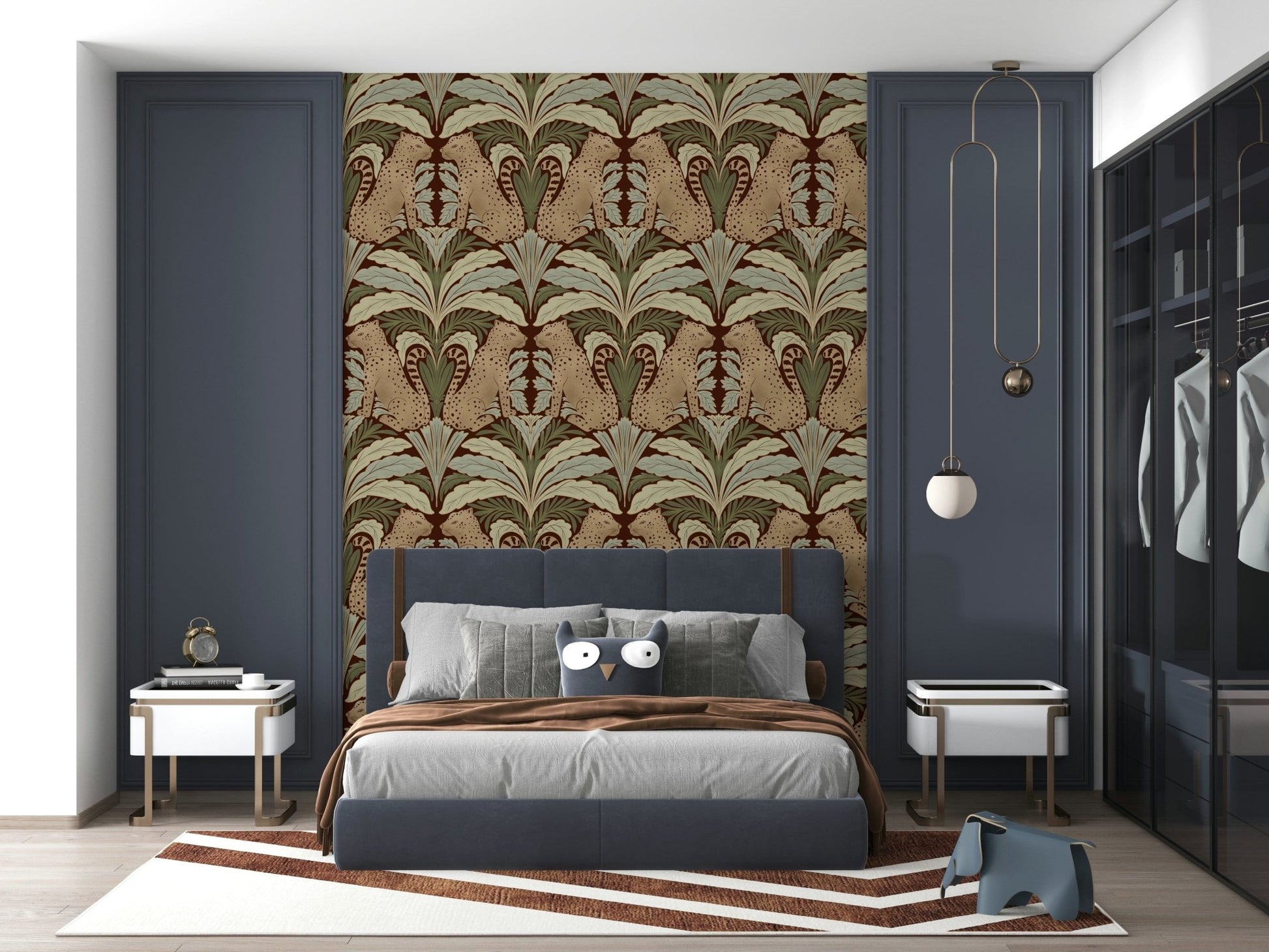 Tropical flora wallpaper featuring leopards and lush green palm leaves.