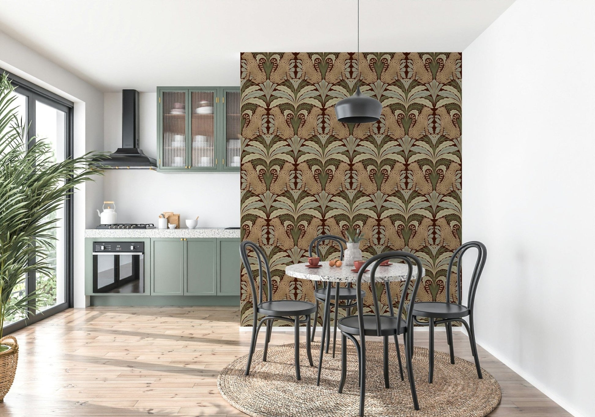 Artistic jungle wallpaper with detailed leopards and rainforest greenery.