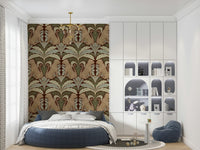 Exotic sanctuary wall mural with wild leopards and vibrant blossoms.