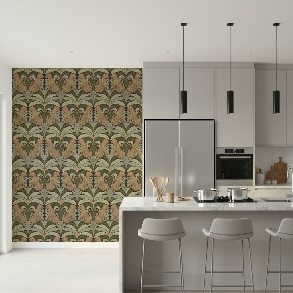 Symmetrical wildlife wall mural with lush greenery and wild animals.