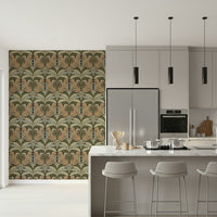 Symmetrical wildlife wall mural with lush greenery and wild animals.