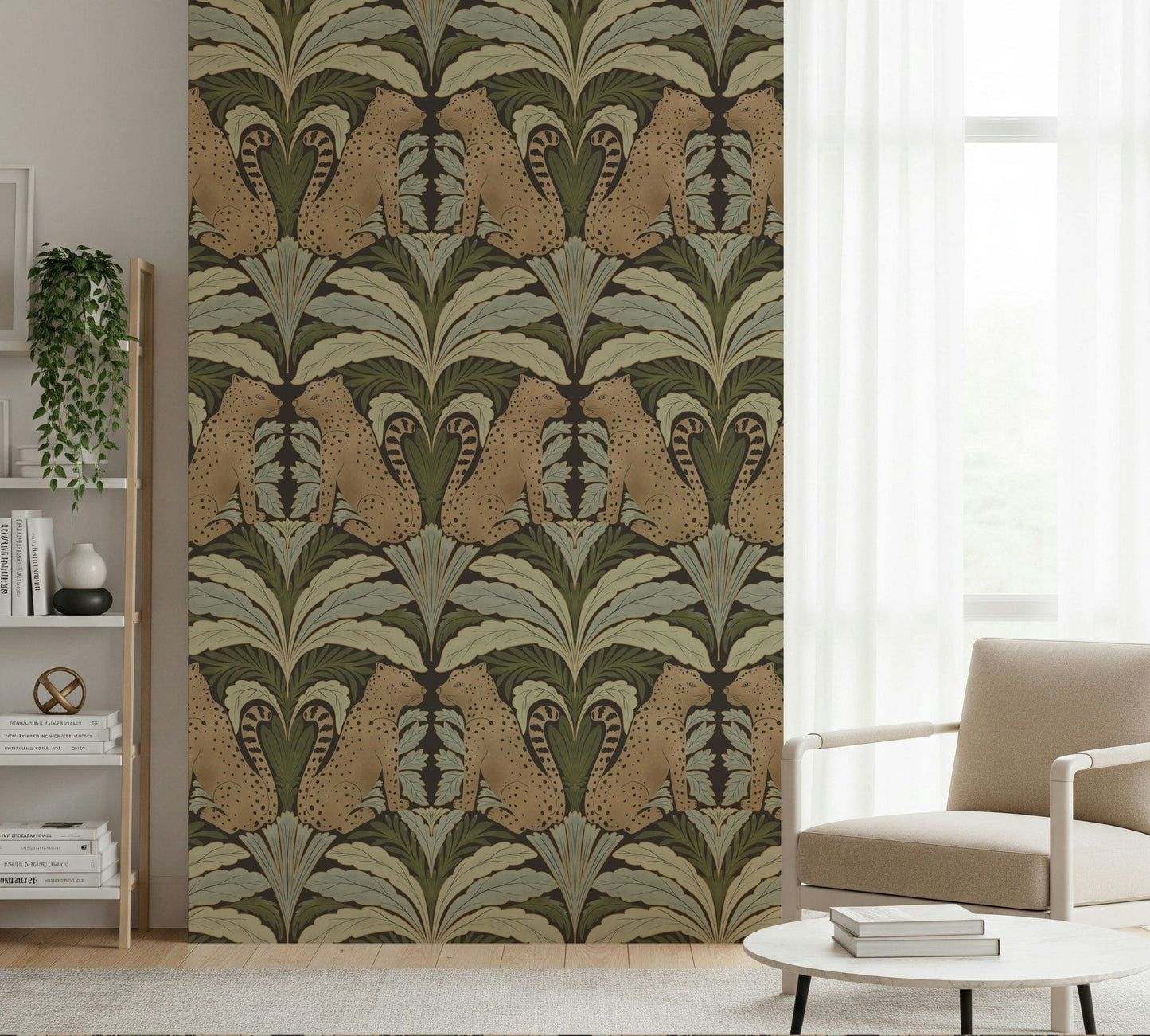 Artistic wildlife wallpaper with detailed leopards and floral elements.