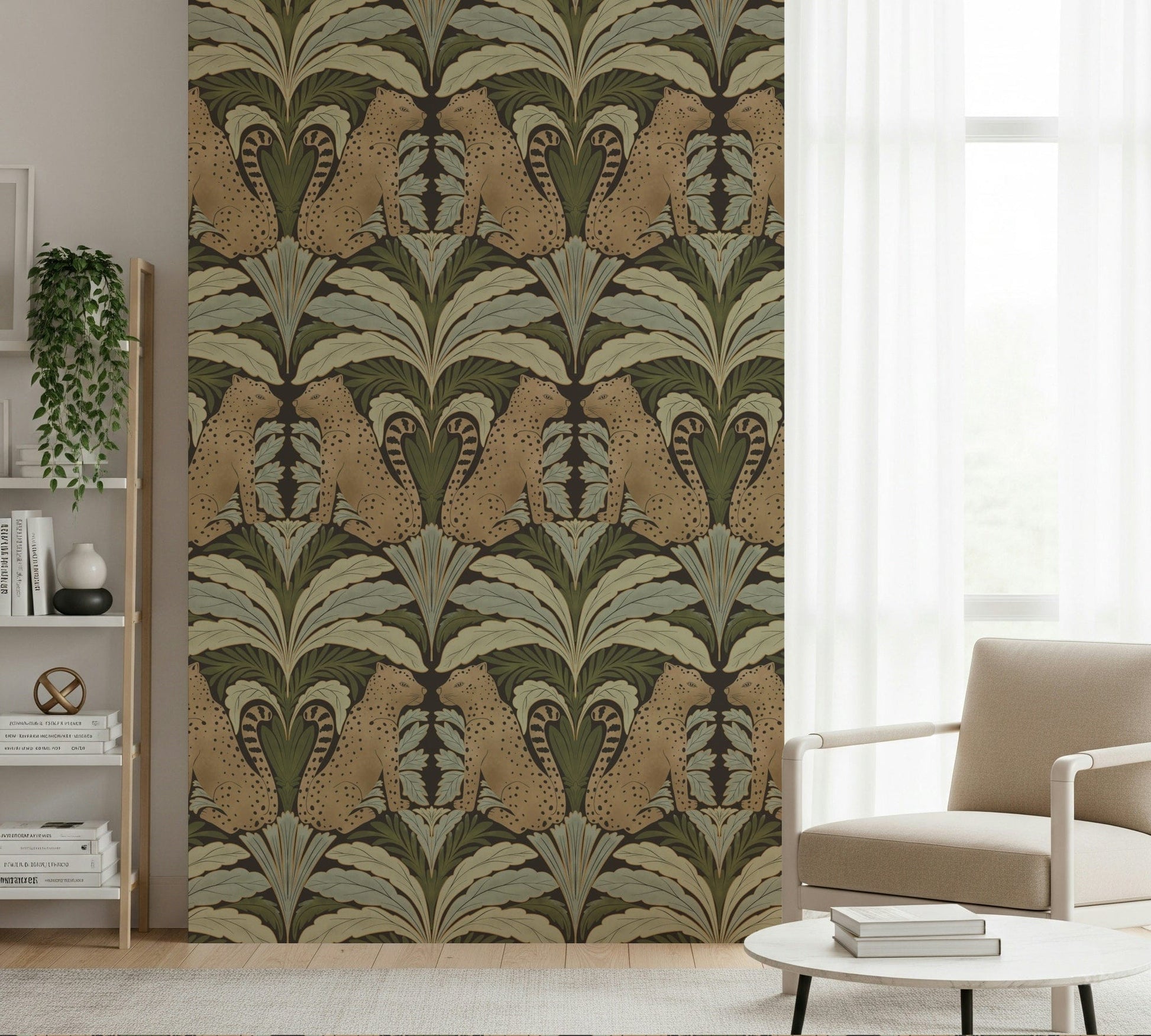Artistic wildlife wallpaper with detailed leopards and floral elements.