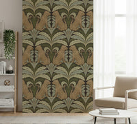 Artistic wildlife wallpaper with detailed leopards and floral elements.