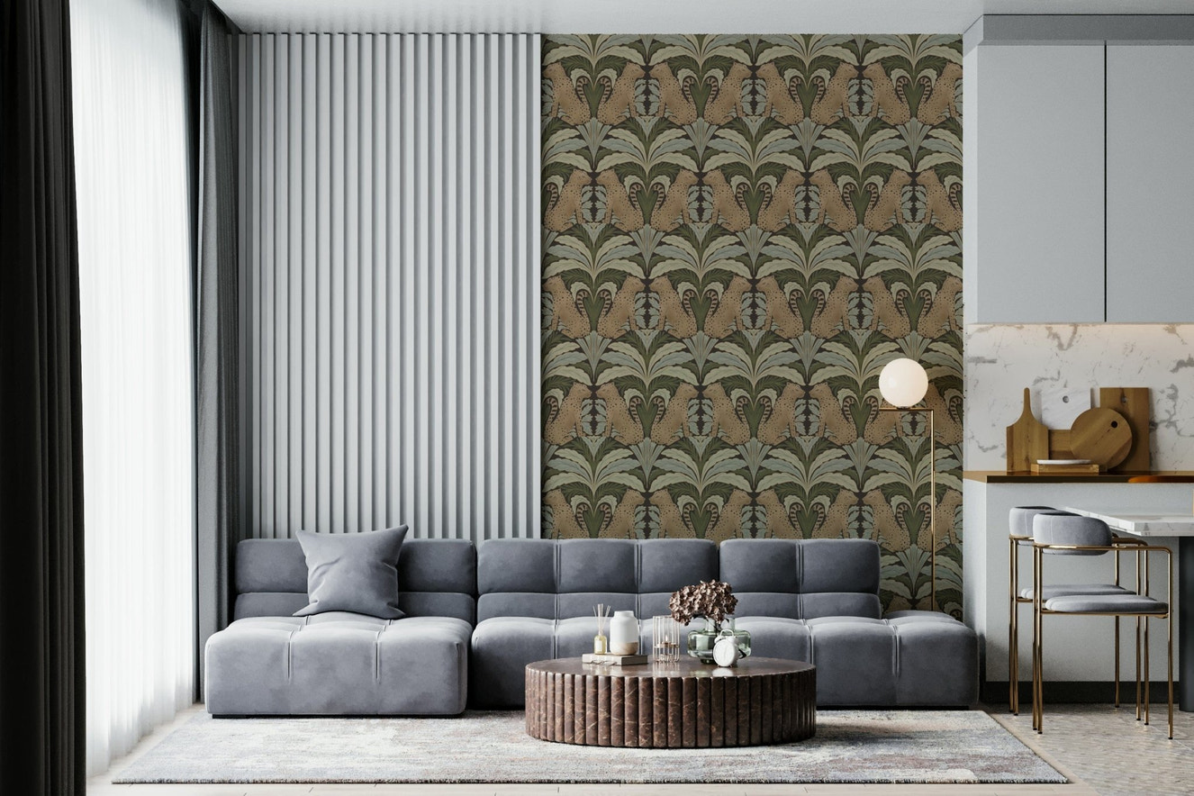 Tropical foliage wallpaper featuring leopards and exotic floral patterns.