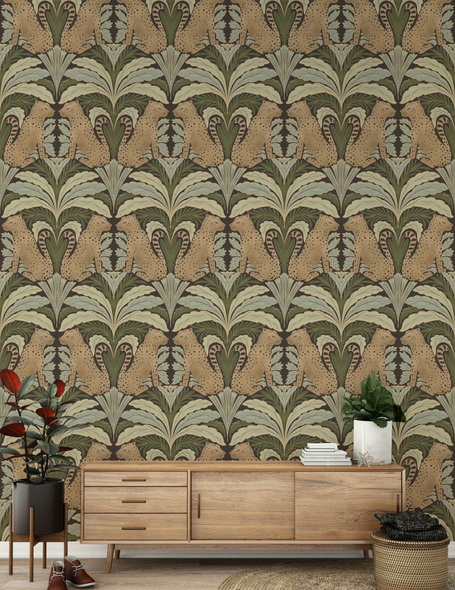 Detailed Leopard's Lair: Botanical Symmetry Wallpaper in dark forest tones., GD2194